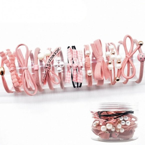 Set /32 Black and Pink Elastics Hair Accessories-Faux Pearls - Picture 3 of 6